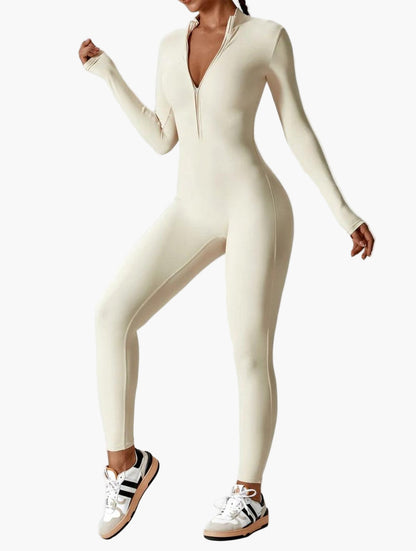 Women's Long Sleeve Athletic Zipper Jumpsuit - Fitted Sportswear Bodysuit