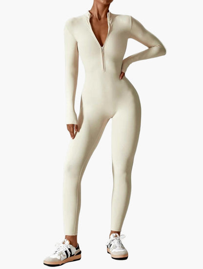 Women's Long Sleeve Athletic Zipper Jumpsuit - Fitted Sportswear Bodysuit
