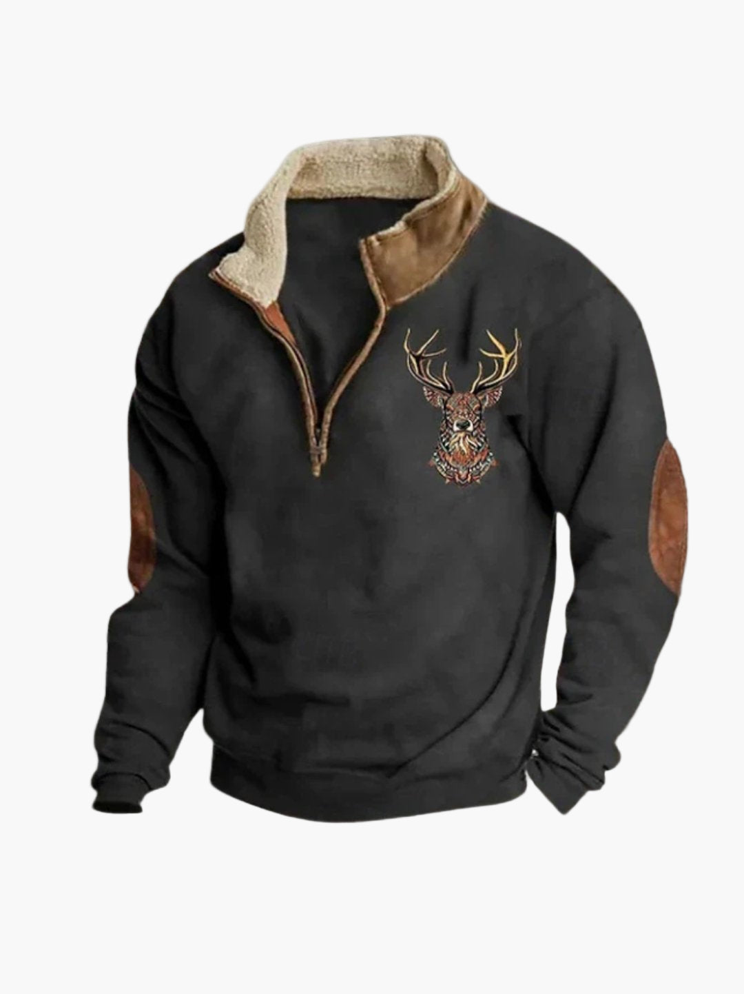 Men's Quarter-Zip Casual Sherpa Pullover with Embroidered Deer – Outdoor Style Sweatshirt