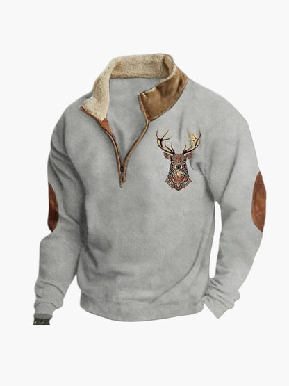 Men's Quarter-Zip Casual Sherpa Pullover with Embroidered Deer – Outdoor Style Sweatshirt