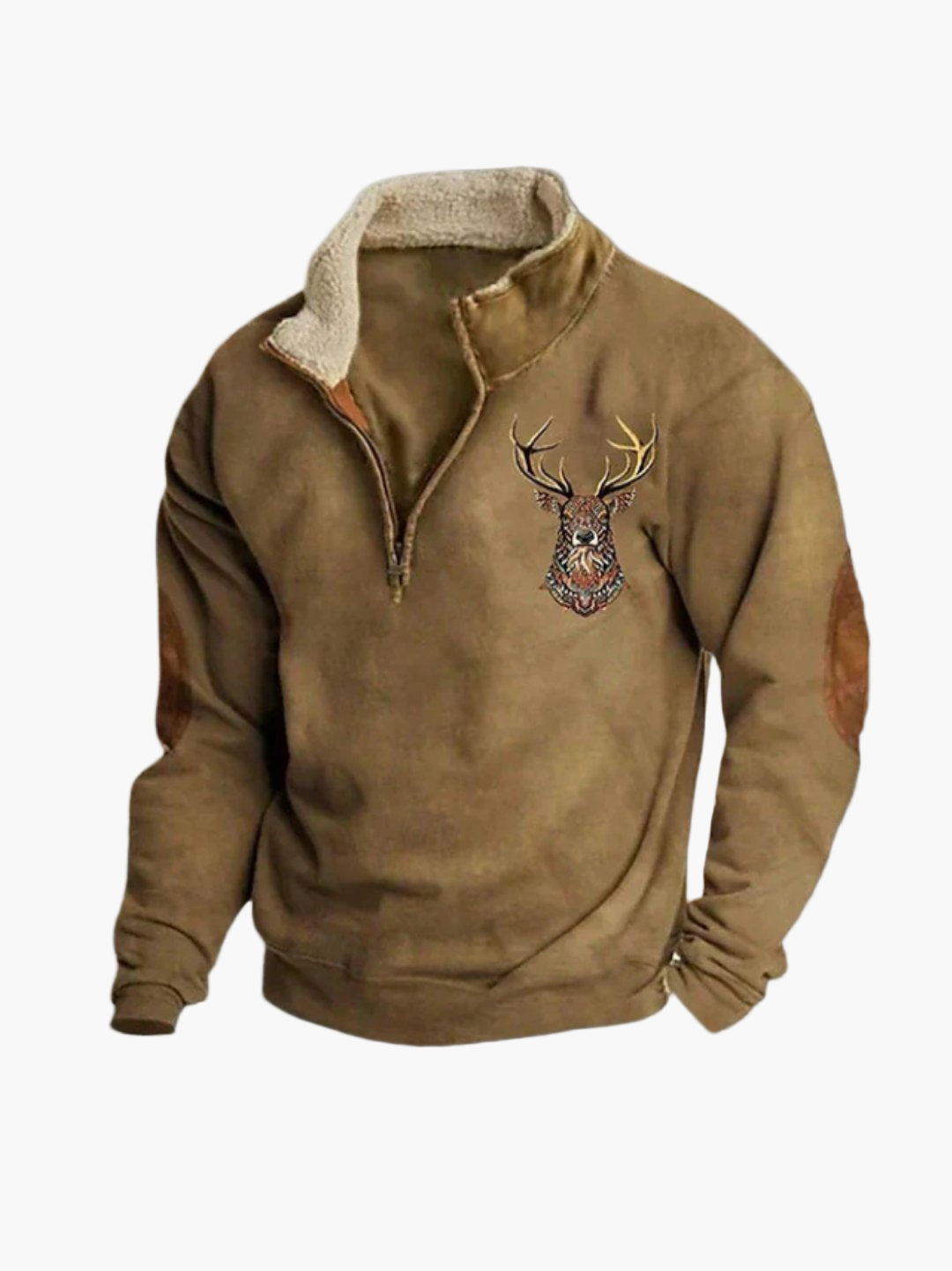 Men's Quarter-Zip Casual Sherpa Pullover with Embroidered Deer – Outdoor Style Sweatshirt