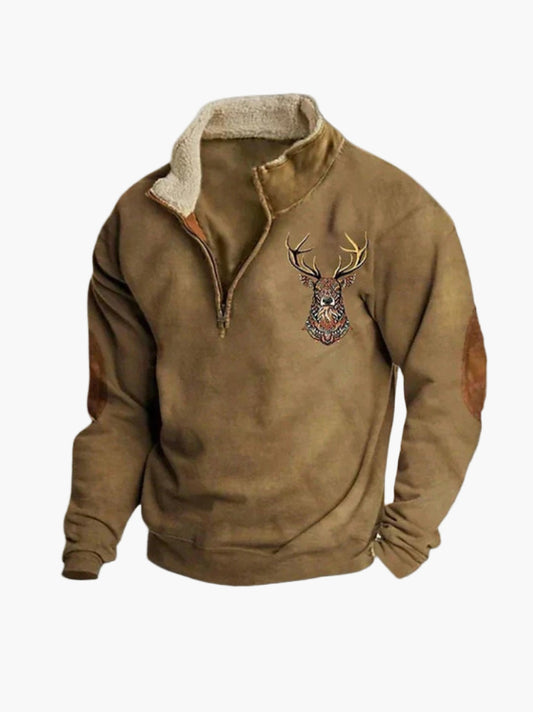 Men's Quarter-Zip Casual Sherpa Pullover with Embroidered Deer – Outdoor Style Sweatshirt