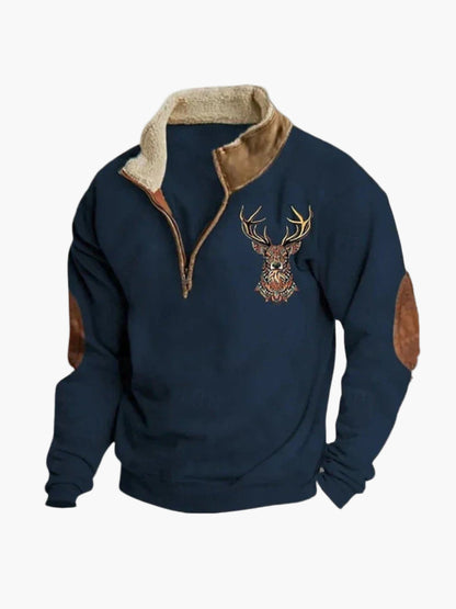 Men's Quarter-Zip Casual Sherpa Pullover with Embroidered Deer – Outdoor Style Sweatshirt