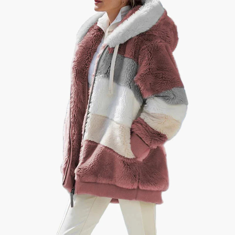 Women's Winter Hooded Plush Jacket with Zipper – Cozy Casual Outerwear for Cold Weather