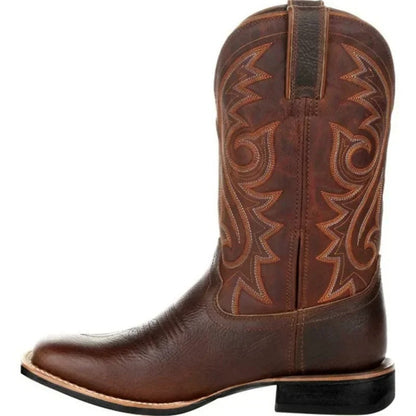 Men's Western Cowboy Leather Boots with Totem Pattern and Slip-On Design