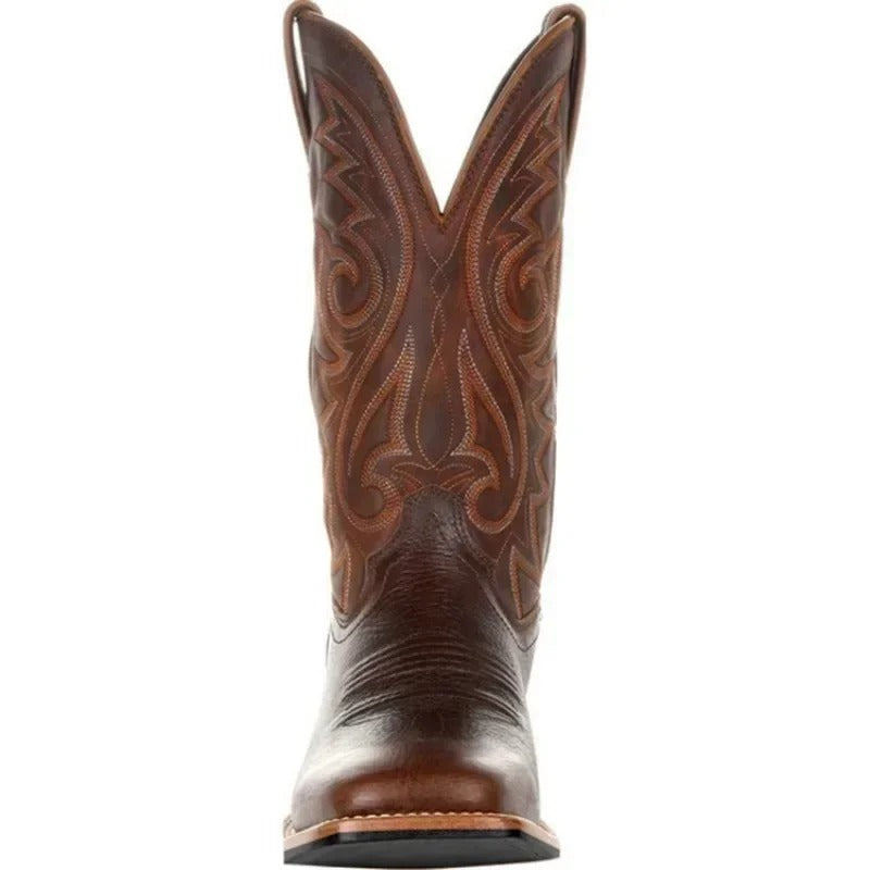 Men's Western Cowboy Leather Boots with Totem Pattern and Slip-On Design
