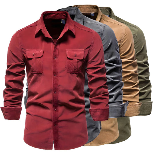 Men's Casual Button-Up Long Sleeve Shirt with Chest Pockets - Modern Versatile Style