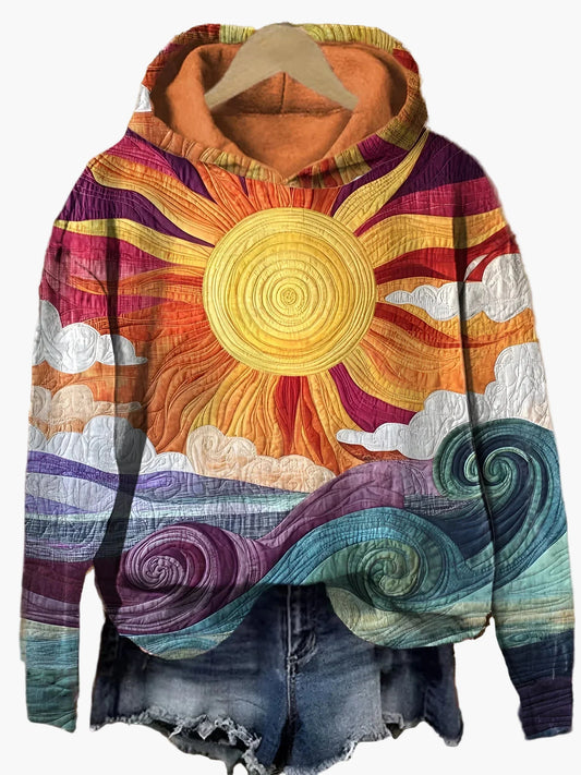 Women's Artistic Sun and Waves Boho Hoodie Pullover for Casual Wear