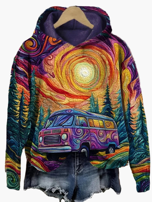 Women's Artistic Retro Van Adventure Hoodie - Bohemian Style Pullover for Casual Wear