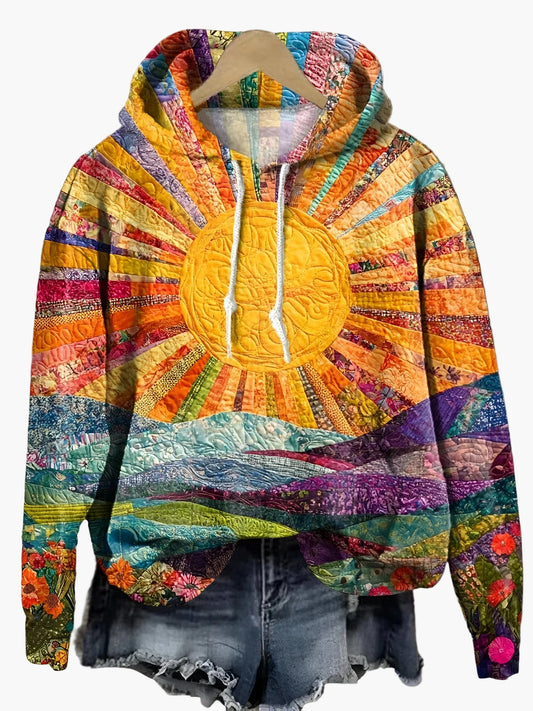 Women's Artistic Boho Sunrise Patchwork Hoodie - Vibrant Festival & Everyday Comfort