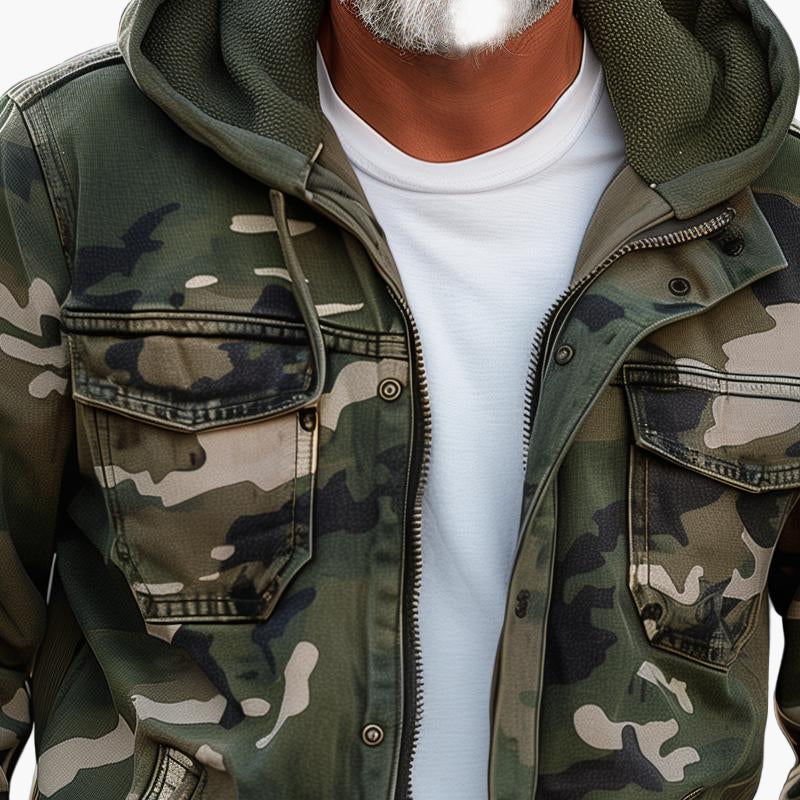 Men's Outdoor Cargo Jacket Urban Camouflage Style with Hood