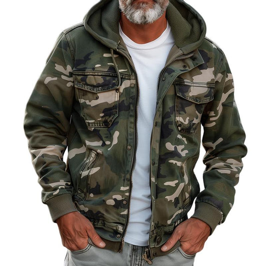 Men's Outdoor Cargo Jacket Urban Camouflage Style with Hood