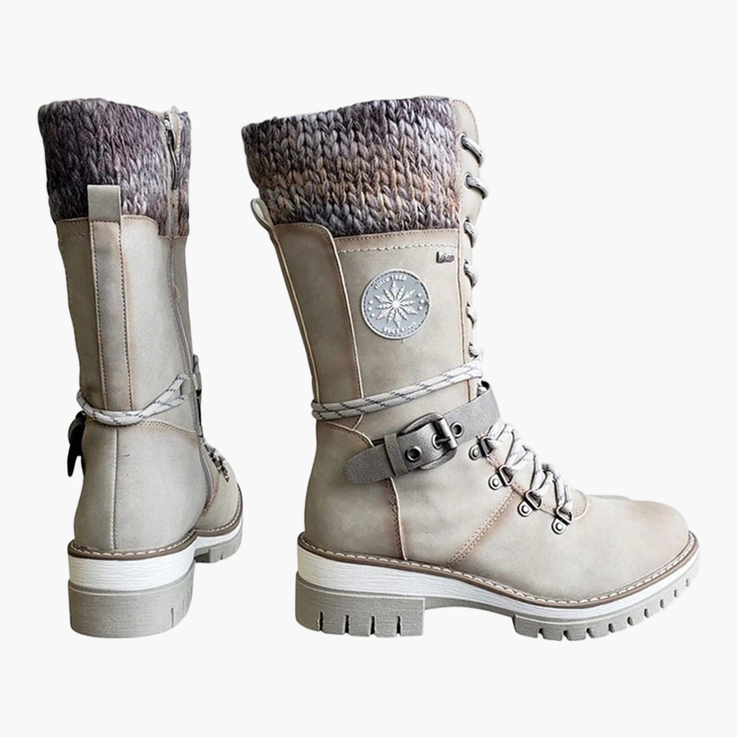 Women's Mid-Calf Knitted Casual Boots with Buckle - Stylish Outdoor Comfort Footwear