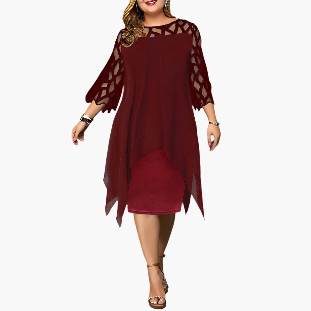 Women's Plus Size Elegant Midi Dress with Sheer Lace Sleeves – Formal & Evening Wear