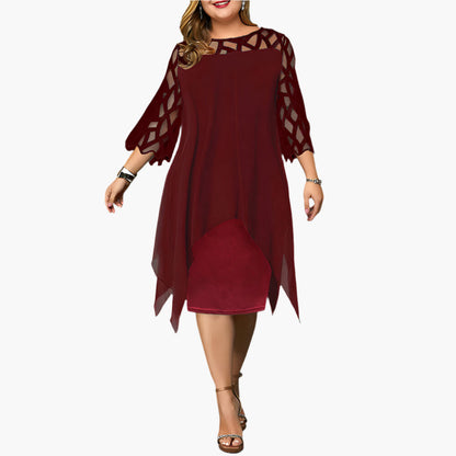 Women's Plus Size Elegant Midi Dress with Sheer Lace Sleeves – Formal & Evening Wear