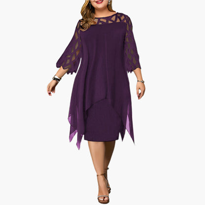 Women's Plus Size Elegant Midi Dress with Sheer Lace Sleeves – Formal & Evening Wear