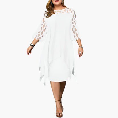 Women's Plus Size Elegant Midi Dress with Sheer Lace Sleeves – Formal & Evening Wear