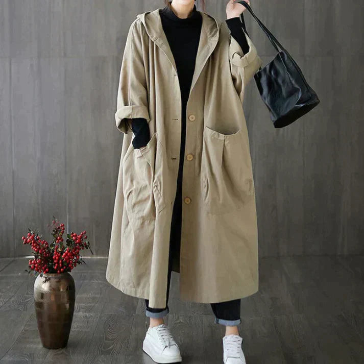 Women's Oversized Windproof Trench Coat with Hood and Large Pockets – Casual Elegant Outerwear