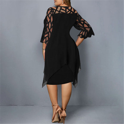 Women's Plus Size Elegant Midi Dress with Sheer Lace Sleeves – Formal & Evening Wear
