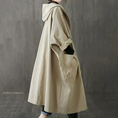 Women's Oversized Windproof Trench Coat with Hood and Large Pockets – Casual Elegant Outerwear