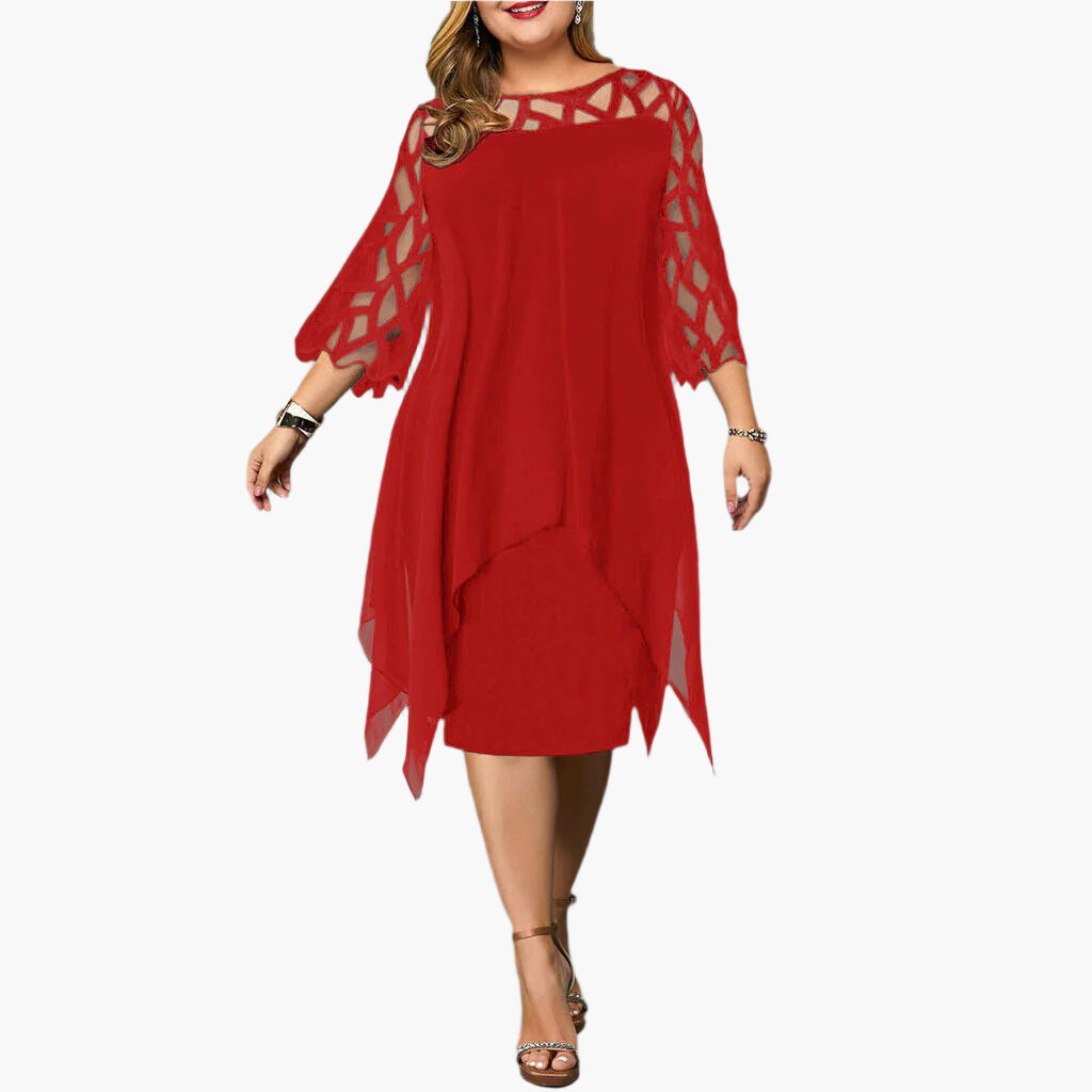 Women's Plus Size Elegant Midi Dress with Sheer Lace Sleeves – Formal & Evening Wear