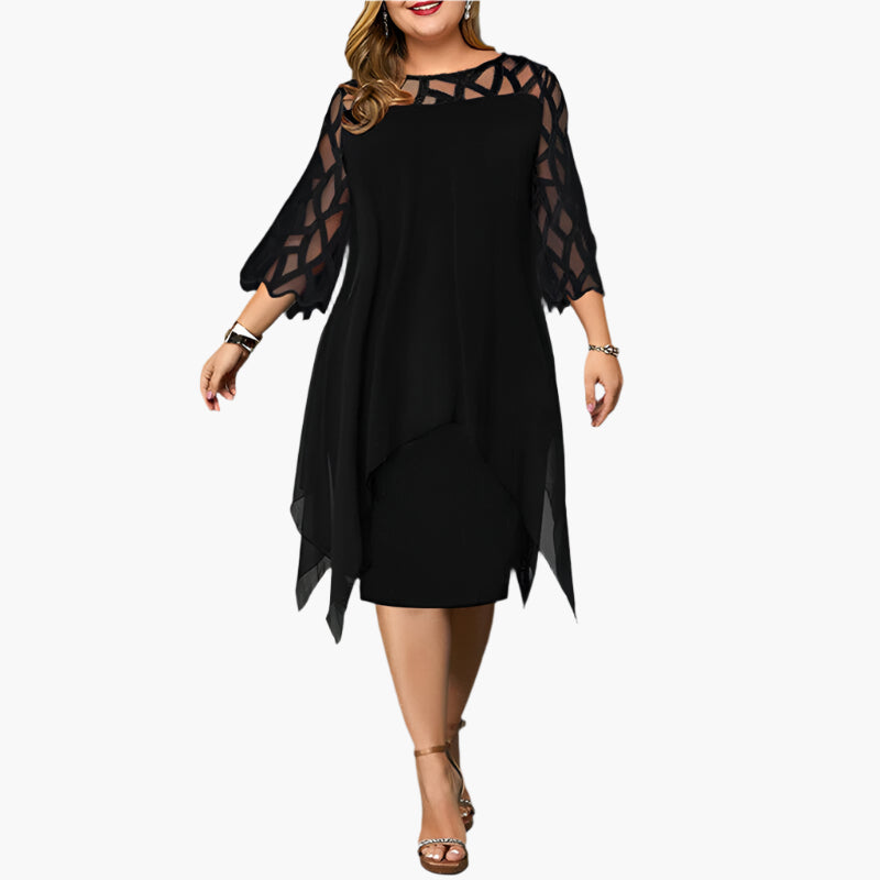 Women's Plus Size Elegant Midi Dress with Sheer Lace Sleeves – Formal & Evening Wear