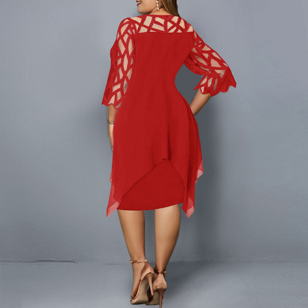 Women's Plus Size Elegant Midi Dress with Sheer Lace Sleeves – Formal & Evening Wear