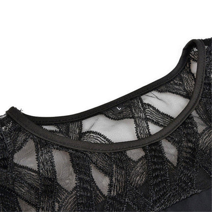 Women's Plus Size Elegant Midi Dress with Sheer Lace Sleeves – Formal & Evening Wear