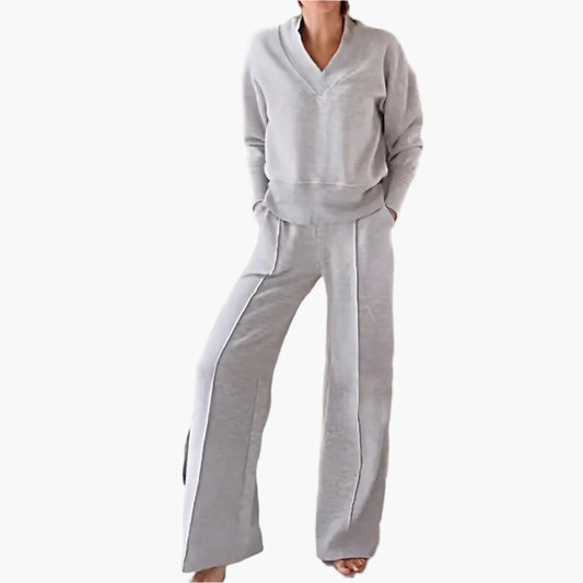 Women's Elegant 2-Piece Loungewear Set with V-Neck Sweater and Wide-Leg Pants - Casual Sportswear Outfit