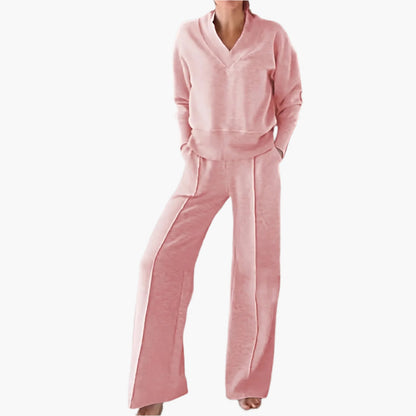 Women's Elegant 2-Piece Loungewear Set with V-Neck Sweater and Wide-Leg Pants - Casual Sportswear Outfit