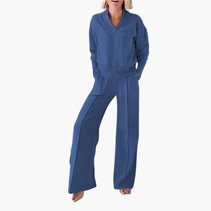 Women's Elegant 2-Piece Loungewear Set with V-Neck Sweater and Wide-Leg Pants - Casual Sportswear Outfit