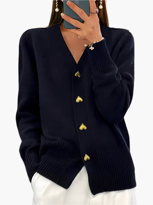 Women's Heart Button V-Neck Cardigan Sweater – Casual Elegant Knitwear for Autumn and Winter