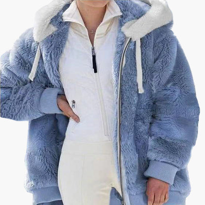 Women's Winter Hooded Plush Jacket with Zipper – Cozy Casual Outerwear for Cold Weather