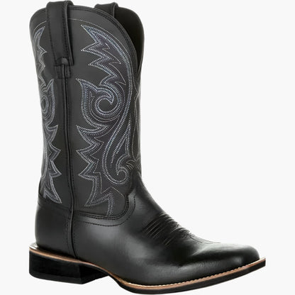 Men's Western Cowboy Leather Boots with Totem Pattern and Slip-On Design
