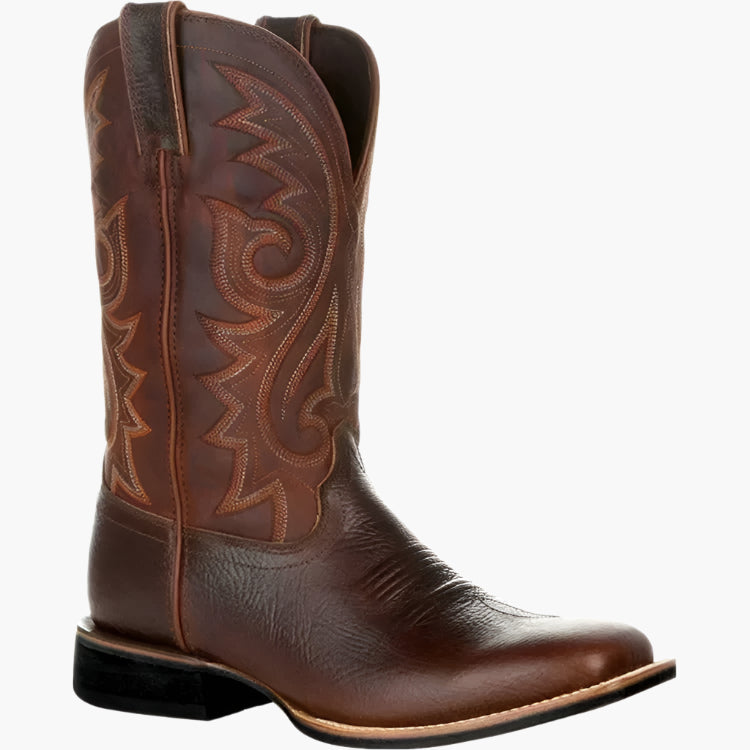 Men's Western Cowboy Leather Boots with Totem Pattern and Slip-On Design