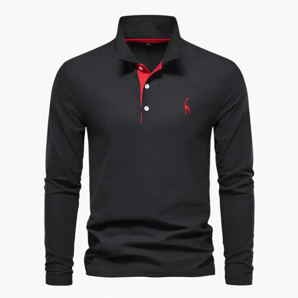 Men’s Long-Sleeve Polo Shirt – Smart-Casual Contrast Placket with Chest Embroidery