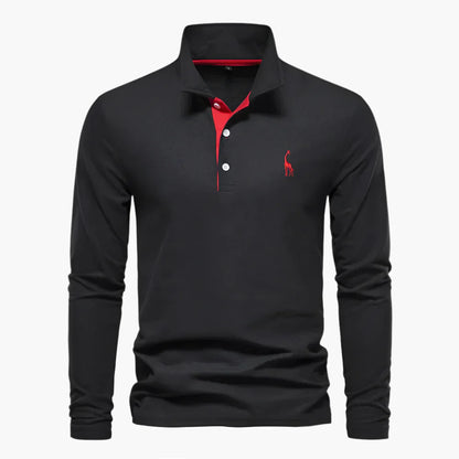 Men’s Long-Sleeve Polo Shirt – Smart-Casual Contrast Placket with Chest Embroidery