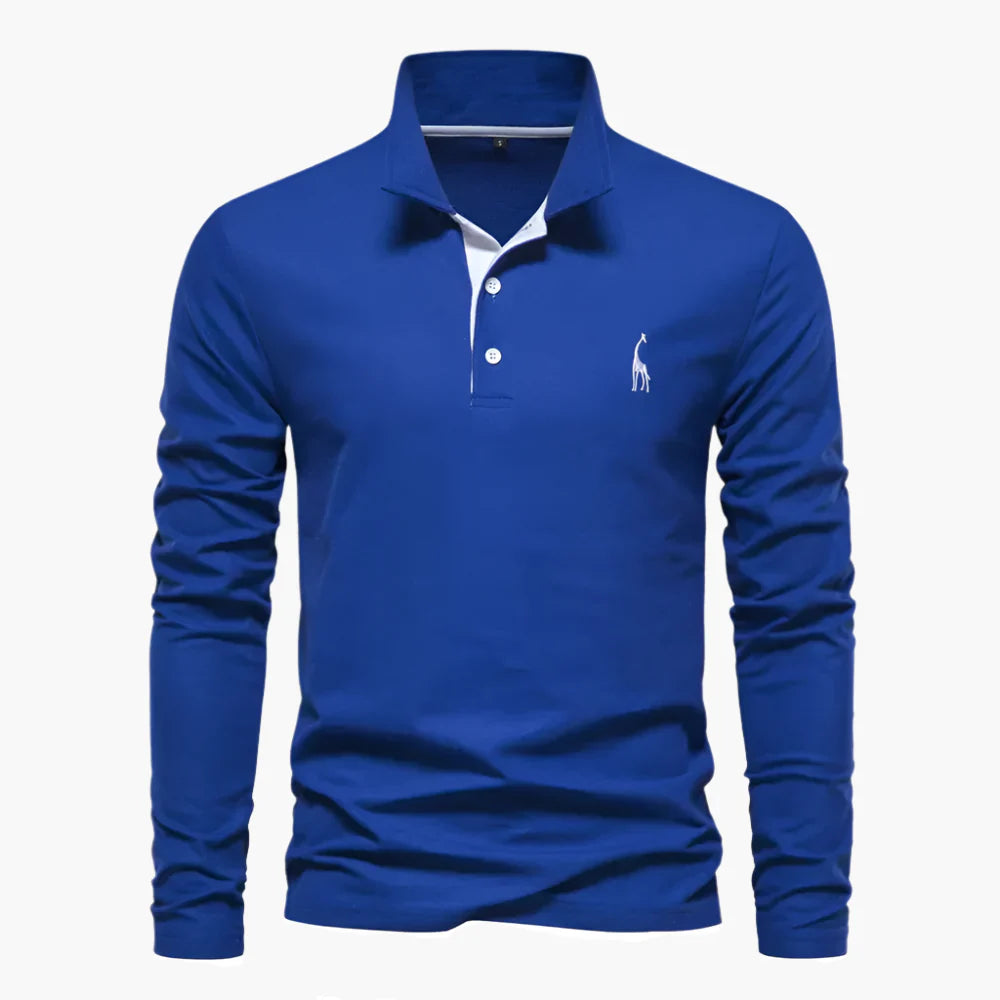 Men’s Long-Sleeve Polo Shirt – Smart-Casual Contrast Placket with Chest Embroidery