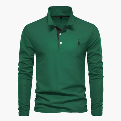 Men’s Long-Sleeve Polo Shirt – Smart-Casual Contrast Placket with Chest Embroidery