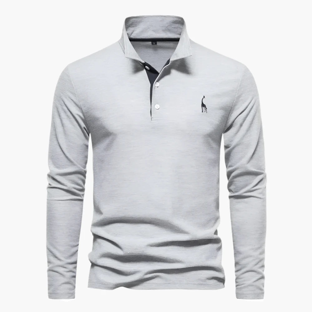 Men’s Long-Sleeve Polo Shirt – Smart-Casual Contrast Placket with Chest Embroidery