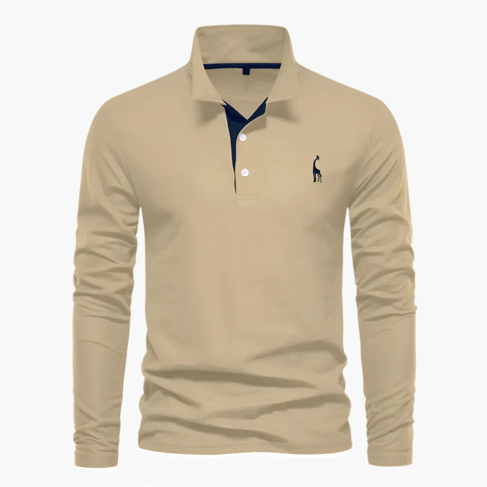 Men’s Long-Sleeve Polo Shirt – Smart-Casual Contrast Placket with Chest Embroidery