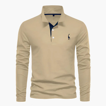 Men’s Long-Sleeve Polo Shirt – Smart-Casual Contrast Placket with Chest Embroidery
