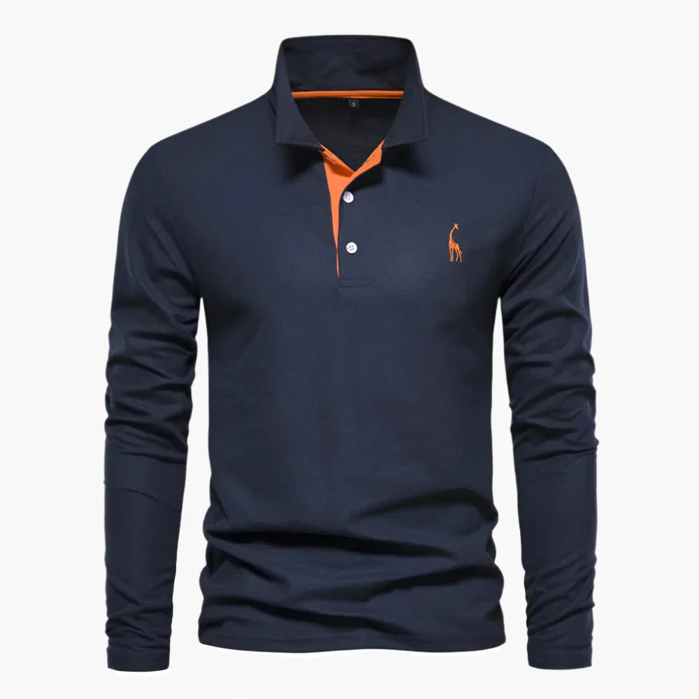 Men’s Long-Sleeve Polo Shirt – Smart-Casual Contrast Placket with Chest Embroidery