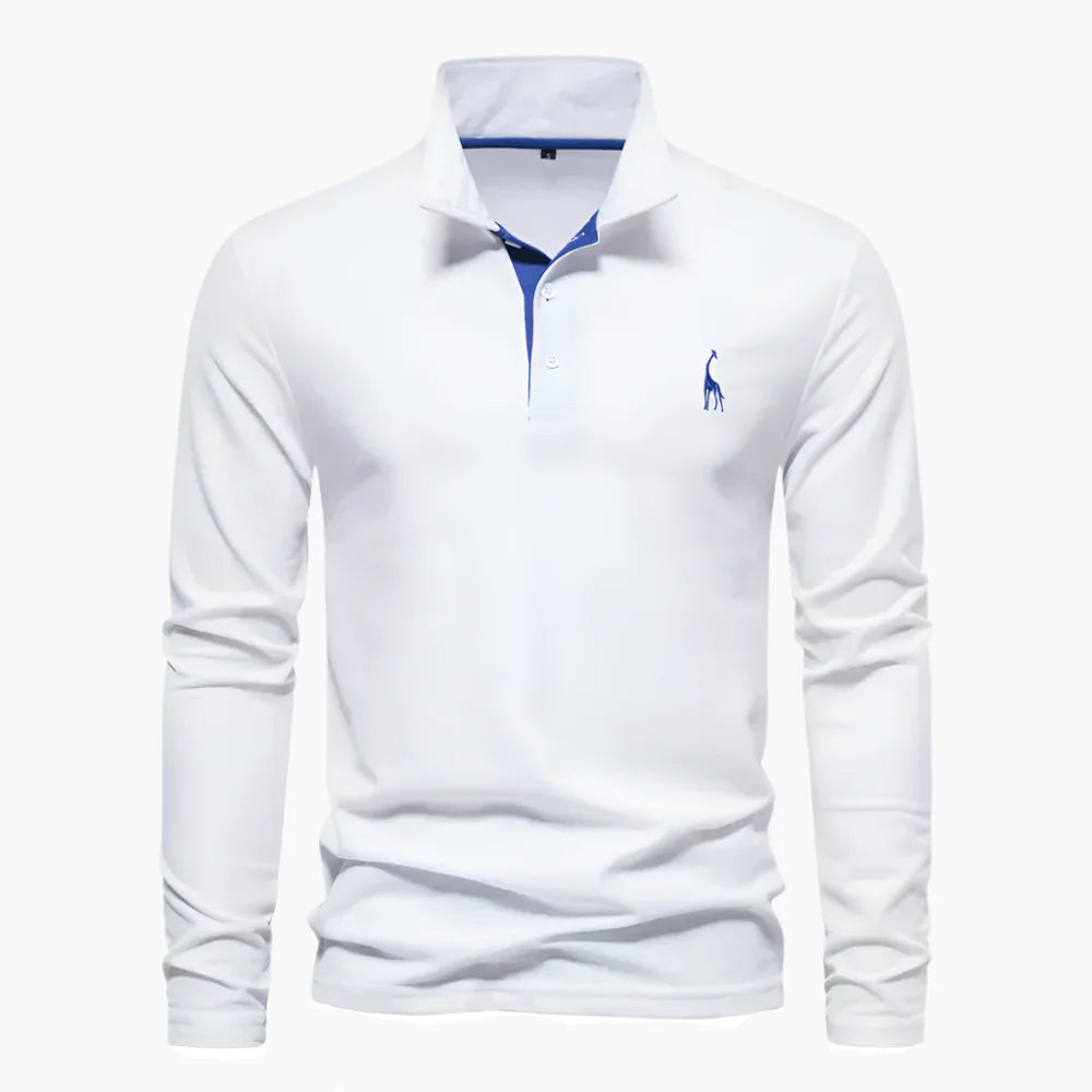 Men’s Long-Sleeve Polo Shirt – Smart-Casual Contrast Placket with Chest Embroidery