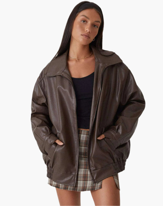Women's Oversized Faux Vegan Leather Bomber Jacket – Trendy Relaxed Fit for Casual or Night Out