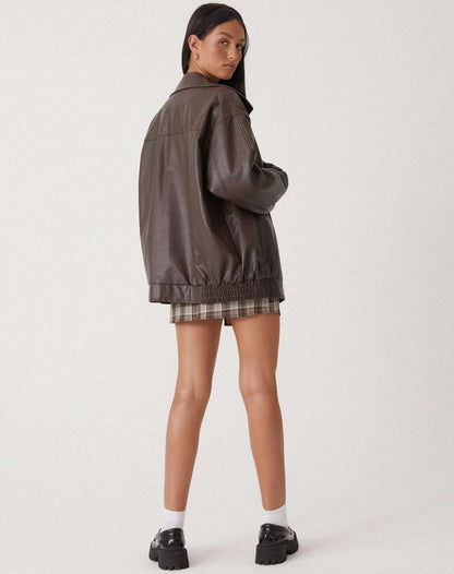 Women's Oversized Faux Vegan Leather Bomber Jacket – Trendy Relaxed Fit for Casual or Night Out