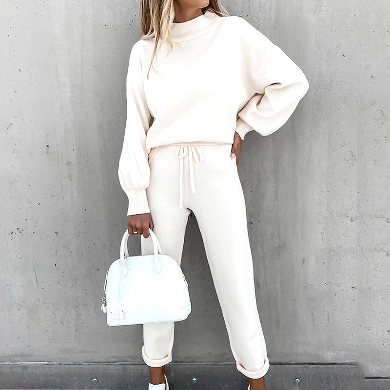 Women's Cozy Lounge Two-Piece Set with Turtleneck Top and High Waist Pants - Relaxed Fit Loungewear