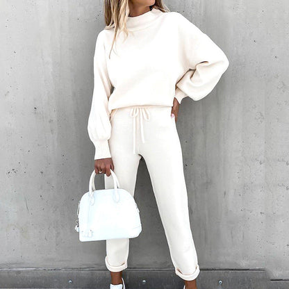 Women's Cozy Lounge Two-Piece Set with Turtleneck Top and High Waist Pants - Relaxed Fit Loungewear