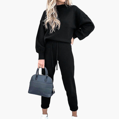 Women's Cozy Lounge Two-Piece Set with Turtleneck Top and High Waist Pants - Relaxed Fit Loungewear